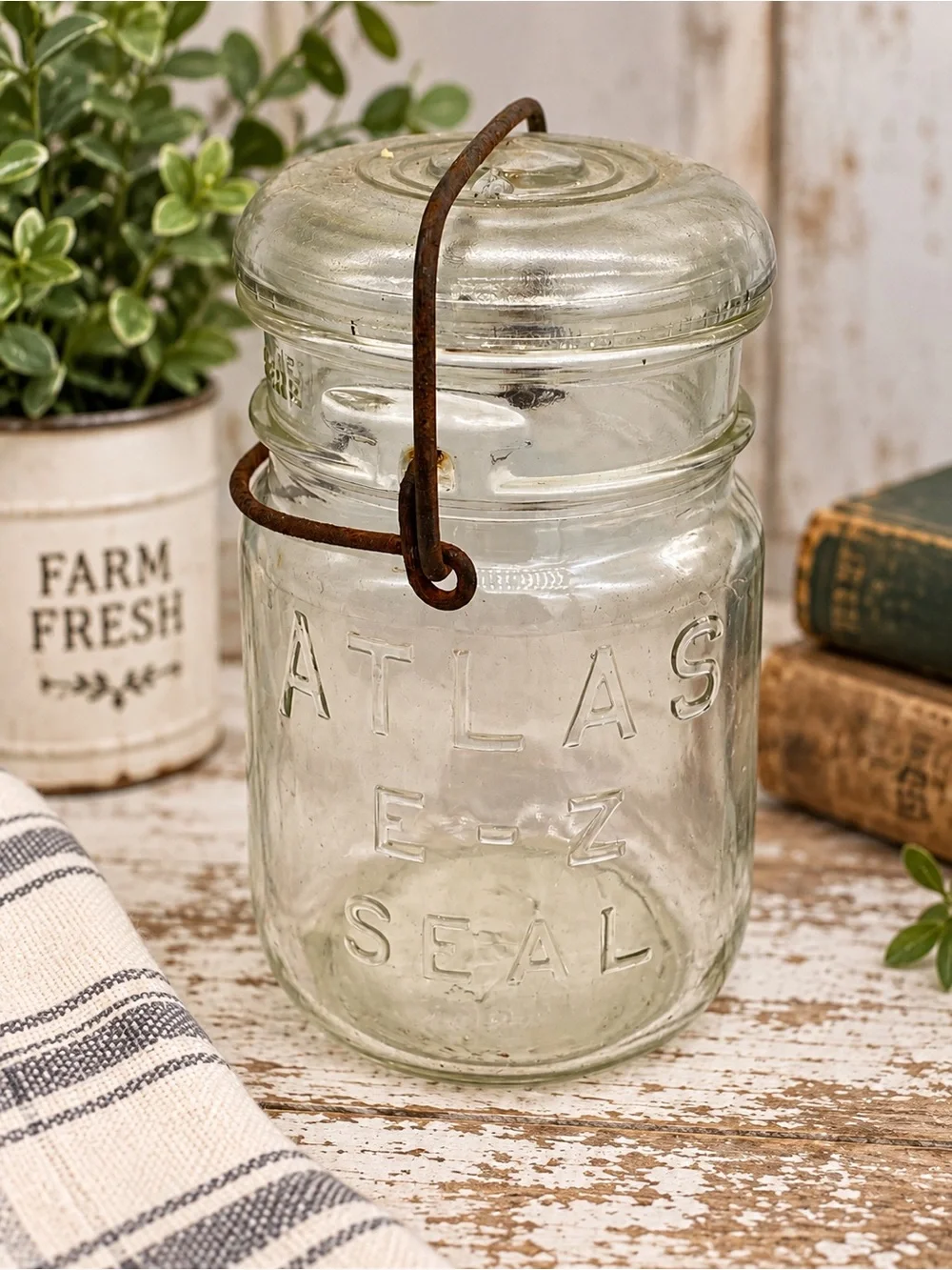 Atlas E-Z Seal Glass Canning Jar with Glass Lid & Wire Bail Farmhouse Décor